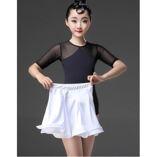 Girls kids latin dance dresses black with white children practice stage performance rumba salsa chacha dance skirts dress